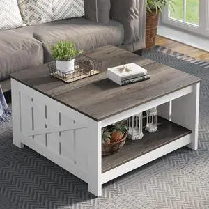 Coffee Table Farmhouse with Storage Rustic Wood Cocktail Table, Square Tables for Living Meeting Room Half Open Compartment, Light Brown and White by DT