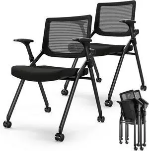Foldable Office Chair Set of 2 with PU Wheels Ergonomic Mesh Bouncing Back, Stackable Conference Room Chair, Guest & Reception Meeting (Black) by DT