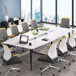 8FT Conference Table, 94.48L x 47.21W 29.52H Inches Boat Shaped Meeting Table with Rectangle Grommet, Modern Seminar for Office Room (White & Black, 8ft) by DT