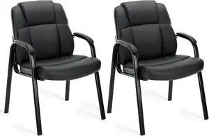 Office Chair - Guest Reception Set of 2, Desk No Wheels PU Leather Meeting and Waiting Room Accent Chairs Executive with Lumbar Support Padded Armrest, Black by DT