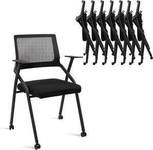 Ergonomic Stackable & Foldable Conference Room Chairs, Mesh Office Chair with Arms and Wheels for Waiting Meeting Black Lobby Church School Receptions Training (8 pk) by DT