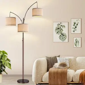 Dimmable Floor Lamp, 3 Lights Brown Arc Lamps for Living Room, Modern Tall Standing Tree Lamp with Beige Linen Shade & Heavy Base, Large Bedroom Office, 3x1000 LM Bulbs Included by DT