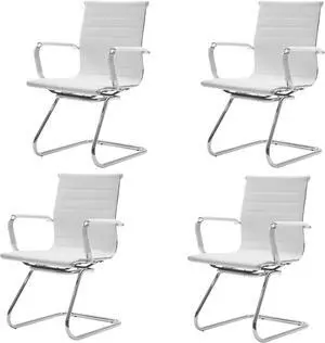 Waiting Room Chairs Leather Office Guest Chair Mid Back Reception with Sled Base for Meeting/Patient/Conference Room, White Set of 4 by DT