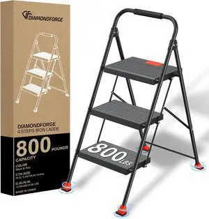 Step Ladder Foldable Folding Stool - for Home Adults Kitchen 3 Stepping Extension Tall Heavy Duty with Handrails Closet Stepstool Stair Ladders Extendable Stepladder Indoor House 800Lbs by DT