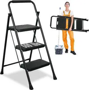 3 Step Ladder, Protable Steel Folding Stool with Wide Anti-Slip Pedal, 500lbs Sturdy Black by DT