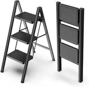 3 Step Ladder, Folding Stool with Non-Slip Pedals, Portable Stepping for Adults, Sturdy Steel Space Saving Home, Anti Skid Feet, Support 330lbs - Black by DT
