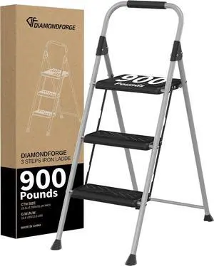 3 Step Ladder, Folding Stool with Anti-Slip Wide Pedal, Soft Handle, Feet, Sturdiest Steel Construction, 900lbs Capacity Ladder for Home and Office, Grey by DT