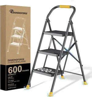 Step Ladder Foldable Folding Stool - for Home Adults Kitchen 3 Stepping Extension Tall Heavy Duty with Handrails Closet Stepstool Stair Ladders Extendable Stepladder Indoor House 600Lbs by DT