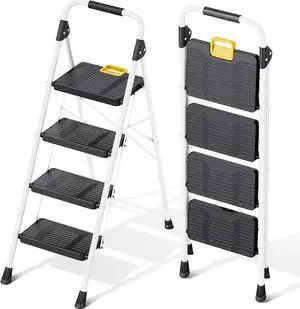 4 Step Folding Ladder, 800lbs Capacity Stool with Safety Lock, Non-Skid Wide Pedals, and Handrail, Lightweight, Household Ladder for Home, Kitchen, Pantry, Closets, Office Use, White by DT