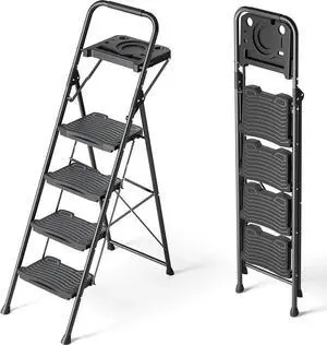 4 Step Ladder with Tool Platform, Sturdy Stool, Anti-Slip Wide Pedals, Handrail, Foldable Ladder, Pass 900LBS Testing, Multi-Use for Home, Garage, Garden, Painting, Black by DT