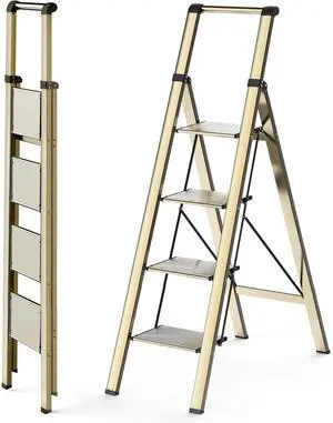 4 Step Ladder, Ladders for Home, Anti-Slip Pedals, Anum Stool Foldable, Lightweight to Move, Ease of Storage, Reach 9ft Closet Kitchen Library, Hold 300lbs - Gold by DT