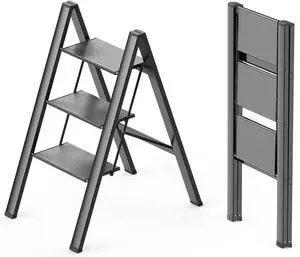 3 Step Ladder, Foldable Stool, Anum Lightweight Ladder for Home Kitchen Closet, Anti-Slip Pedals, Ease of Folding, Portable, 300lbs Capacity - Black by DT