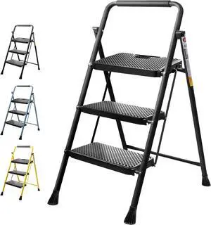 3 Step Ladder, Heavy Duty Foldable Stool, Portable Steel Folding Stool for Household Garage Storage (Black) by DT