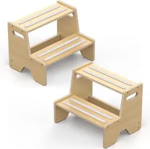 Step Stool for Toddler, Sturdy Wooden 2-Step with Anti-Slip Surface and Pads Barthroom, Kitchen, Bedroom, Toilet, Potty Training - 2 Pack by DT