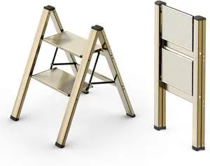 2 Step Ladder, Foldable Stool, Anum Lightweight Ladder for Home Kitchen Closet, Anti-Slip Pedals, Ease of Folding, Portable, 300lbs Capacity - Gold by DT