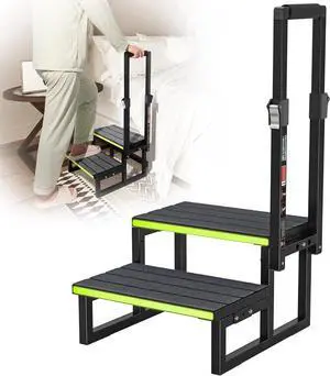 Step Stool with Adjustable Handrail (26"to 40") Anium 2-Step w/Step Cover, 350 lb Weight Capacity, Sturdy and Safe for Seniors, Adults, Economy Universal Mobile Home Steps by DT