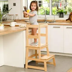 Kids Kitchen Step Stool for with Safety Rail,Solid Wood Construction Toddler Learning Stool, Montessori Toddlers Tower(Natural) by DT