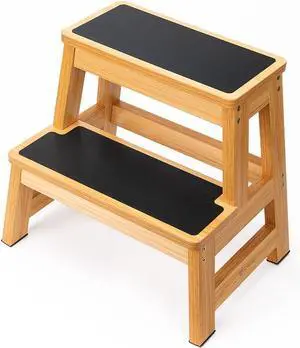 Wood Step Stool for Adults and Kids, 17 Inch Tall, Non-Slip Surface, Heavy Duty, Two Kitchen, Bed, Bathroom, 500 lbs Capacity by DT