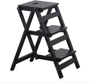 Step Stool for Adults/Step Ladder/Counter Chair, 3-Step Folding Portable Wooden Stool, Anti-Slip & Lightweight (Black) by DT