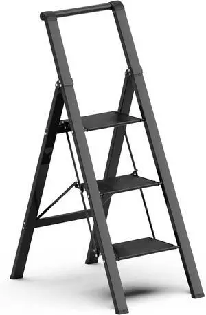 3 Step Ladder, Slim Folding Steps Stool with Handrail, Iron Foldable Black Ladder Anti-Slip Wide Pedal, for Home, Kitchen, Office, Garage Use (300 lbs Capacity) by DT