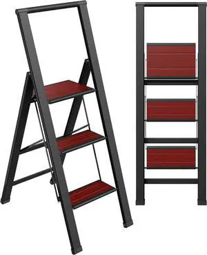 Step Ladder 3 Folding, Decorative - Beautiful Mahogany & Black Anum, Ultra Slim Profile, Anti Slip Steps, Sturdy-Portable for Home, Office, Kitchen, Photography Use,by by DT