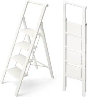4 Step Foldable Anum Ladder with Handgrip, Anti-Slip Pedal, 330 lbs Capacity, Lightweight & Portable for Home, Kitchen, Office, Garage (White) by DT