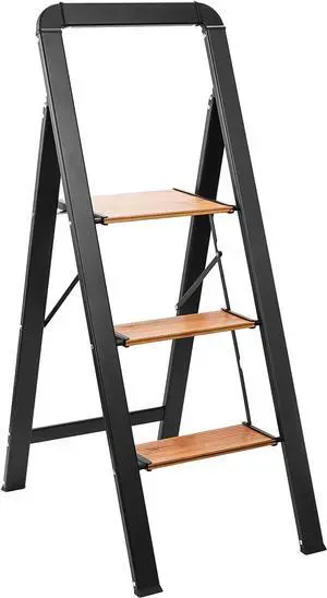 3 Step Ladder Folding Stool Anum, Lightweight Slim with Long Handle, Anti-Slip Study Pedal, Classic Wood Look Grain Worry (Three Steps) by DT