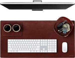 Leather Desk Mat Pad Blotter Set - Real Full-Grain (32x16) 2-Layer Genuine Cover Protector & Large Mouse | Computer Keyboard Accessories for Office Home by DT