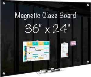 Magnetic Glass Dry Erase White Board, 36" x 24" Black Board for Wall Mounted, Includes 6 Magnets with Marker Tray, 3 Markers and 1 Eraser Classroom Home, Office Supplies by DT