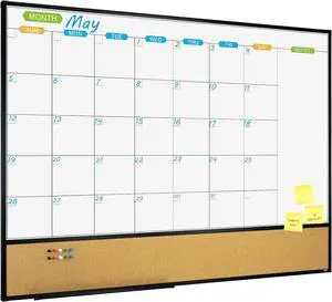 Magnetic Calendar Whiteboard & Bulletin Corkboard Combination, Combo Board 48 x 36 Inch, Black Anum Frame Wall Mounted for Office Home and School with 10 Push Pins by DT