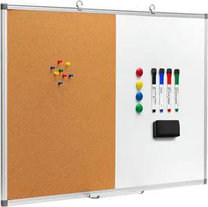 Cork Board Magnetic Dry Erase Combo, 36 x 24 Inches Large Whiteboard and Bulletin Combination, Anum Frame Vision with Markers, Magnets, Eraser Push Pins by DT
