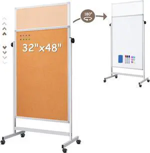 Double Sided Cork Board White Board, 32 x 48 inches Large for Office, Height Adjustable Magnetic Dry Erase on Wheels, Portable Freestanding Natural Corkboard Displaying, Planning by DT