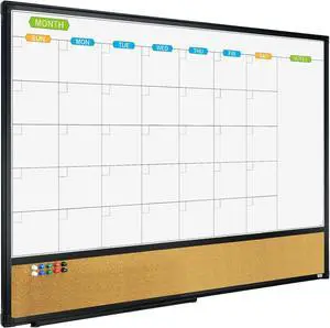 Magnetic Calendar Whiteboard & Bulletin Corkboard Combination, Combo Board 36 x 24 Inch, Black Anum Frame Wall Mounted for Office Home and School with 10 Push Pins by DT