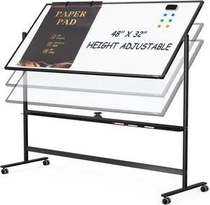 Dry Erase Whiteboard Easel on Wheels -  48" x 32" Large Double Sided Mobile Whiteboard, Rrsible Magnetic Rolling White Board for Home Office Classroom, Flip Chart Holders and Paper Pad by DT