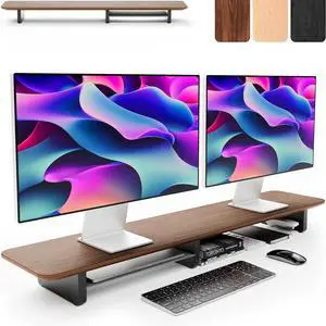 Dual Monitor Riser with Integrated Metal Shelf - Wooden desk shelf for top of Wood monitor stand 2 monitors / tv riser Large walnut by DT