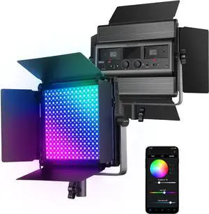 RGB1200 RGB LED Video Light Panel with APP/2.4G Control, 60W Studio Photography Lighting 22000Lux@0.5m/1% Pree Min Dimming/360° Full Color/ CRI97+/TLCI98+/2500K-8500K/18 Effect Barndoor by DT