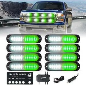 White Green LED Surface Mount Strobe Lights Kit, w/Control Panel Emergency Safety Warning Flashing Grille Cop Marker Light Assembly for Vehicles Trucks ATV UTV Motorcycle 8PCS by DT