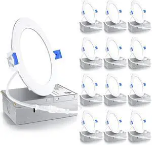 12 Pack 4 Inch LED Recessed Light, Dimmable, 5000K , 750LM High Brightness, 9W 120V, Damp Rated, ERL-9X-ETL, Ultra-Thin Canless Wafer Light - ETL & FCC IC by DT