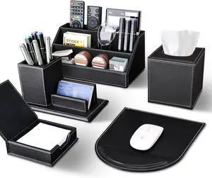 5PCS Desk Organizer and Accessories Set, Pu Leather Office Supplies with Multifunction Desktop Storage Box, Tissue Holder, Mouse Pad, Note Paper Pencil Holder for Black by DT