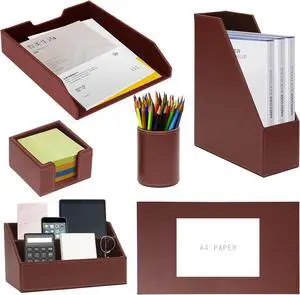 Office Supplies PU Leather 6-Piece Desk Organizer with Writing Pad, Letter Tray, File Folder Sorter, Pen Cup, Note Holder, Business Card Holder - Brown by DT