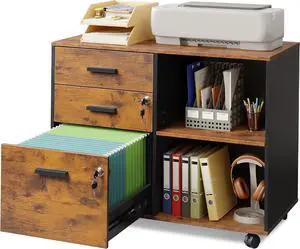 3-Drawer Wood File Cabinet with Lock, Mobile Lateral Filing Cabinet, Printer Stand Open Storage Shelves for Home Office, Rustic Brown by DT
