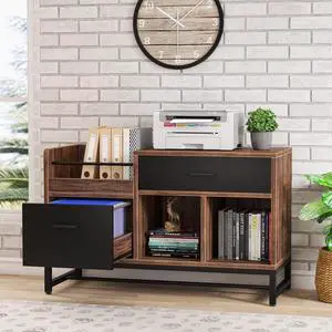 Rustic Brown 39 inch File Cabinet with 2 Drawers, Lateral Filing Cabinets, Printer Stand Open Storage Shelves and Letter Size/A4 Size Drawer for Home Office by DT