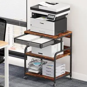 23.6''x18.9'' Extra Large Printer Stand with Drawer, 5-Adjustable Heights 3 Tier Table Wheels, Rolling Cart Storage for Scanner Fax Home Office Use by DT