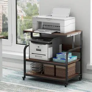 32.3" Wide Extra Large Printer Stand, 3 Tier Table with Adjustable Storage Shelf, Rolling Cart Industrial Wheels for Home Office, Rustic Brown by DT
