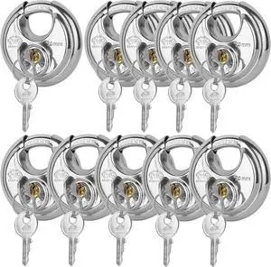 Discus Keyed Alike Padlock, 2-3/4 Inch Wide, Heavy Duty Stainless Steel Outdoor Disc Lock with Key for Storage Unit, Garages, Fence and Sheds, 10 Pack