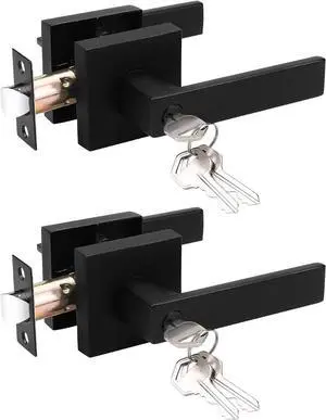 2 Pack Entry Door Lever with Lock and Key,Entrance Door Handles for Office and Front Door,Matte Black Door Knobs Keyed Alike Same Key Lockset (Each with 3 Keys)