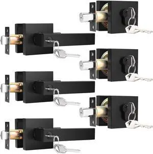 3 Pack Entry Lever Door Handle and Single Cylinder Deadbolt Lock, Heavy Duty Exterior Door Lock Set with Deadbolt, Keyed Alike Door Knob and Deadbolt Set, Matte Black Finish