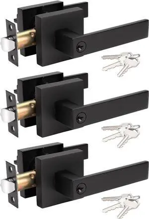 3 Pack Matte Black Door Handle with Lock and Key, Entrance Handleset Front Door Leverset, Keyed Alike/Combo Keys 2.13 lb One Lever, Left or Right Handing