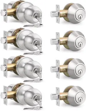 4 Pack Keyed Entry Door Knob and Single Cylinder Deadbolt Combination Set in Satin Nickel, Keyed Alike Exterior Knob Door Handle and Deadbolt Lock and Key, Round Locking Lever Handle Set