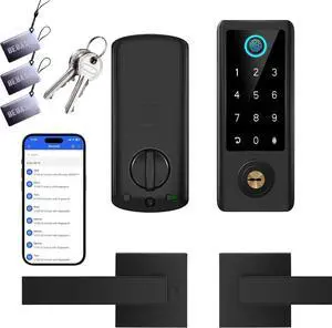 Smart Fingerprint Door Lock with Handle Set, Full App Control, Electronic Digital Touchscreen Keypad, Deadbolt Smart Locks for Front Door, Auto Lock, Black